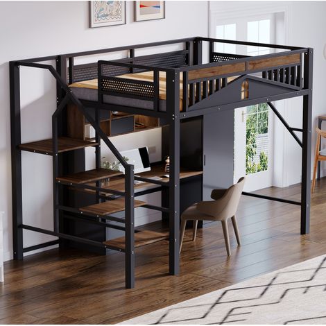 DESVIAE Lit mezzanine 140 x 200 cm en métal avec échelle de sécurité et rangement design fenêtre noir (1/5)