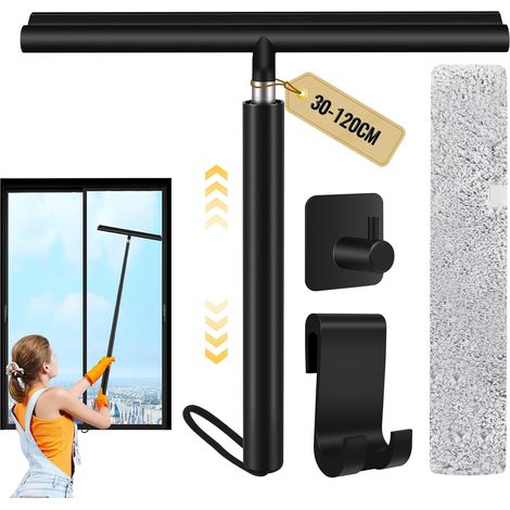 Raclette de Douche avec Manche Télescopique 120cm - Microfibres et Support pour Vitre, Miroir, Salle de Bain (Noir) (1/5)