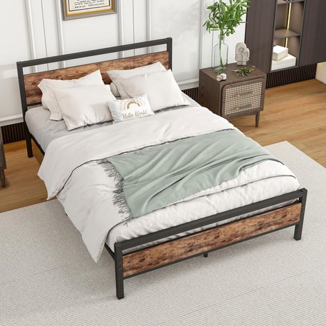 Cama 140x200 cm marrón antiguo de MDF y metal con somier y espacio de almacenaje (1/5)