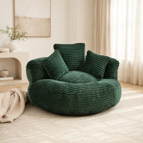 Sillón tipo puff 108x108x52 cm de tela acanalada verde oscuro con 3 cojines FloraGrace (1/5)