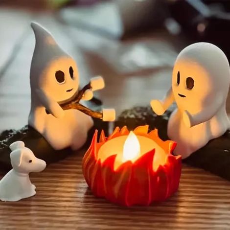 Rassemblement de feu camp fantôme, veilleuse d'Halloween, jolie statue effrayante et confortable, décoration d'Halloween pour manteau cheminée ou bureau (avec chien) (1/2)