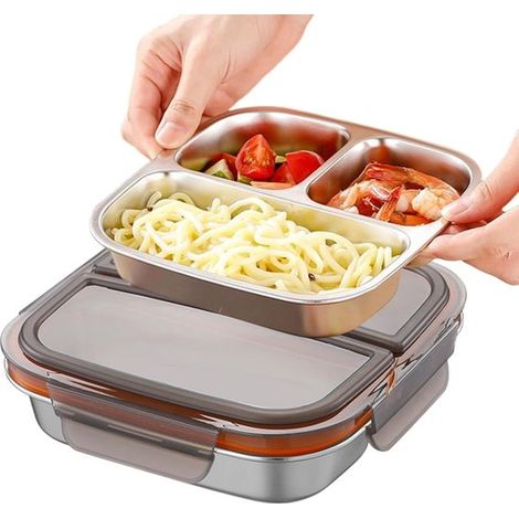 Boîte à lunch en acier inoxydable 600 ml, 3 compartiments, avec couvercle noir, compatible lave-vaisselle, pour école et bureau (1/5)