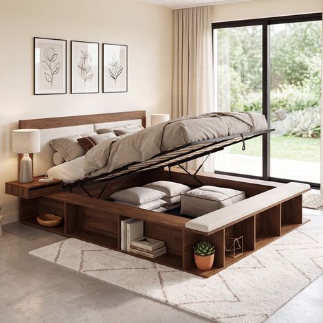 Cama doble con cajones KIRO, cabecero acolchado, mesitas de noche y somier de 140 x 190 cm con acabado en nogal y tejido beige (1/5)