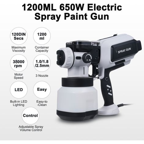 Pistolet à peinture électrique 1200ML 650W avec réglage du débit, LED, 3 buses remplaçables 1,0mm 1,8mm 2,5mm pour voiture meuble clôture et mur (1/5)