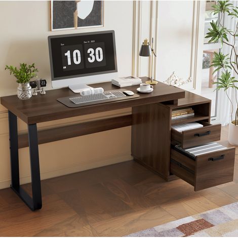 Scrivania 135 x 54 cm in MDF e metallo, con vani portaoggetti, marrone HAVRYA (1/5)