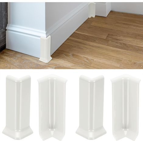 Bloques de esquina autoadhesivos para zócalos, 10,2 cm, 2 esquinas interiores + 2 esquinas exteriores, para bordes de muebles de suelo (blanco) (1/5)