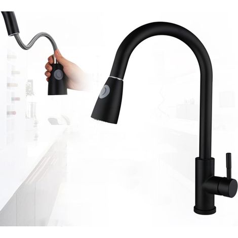 1 Robinet de cuisine, acier inoxydable, rotation 360°, noir, double mode jet, évier (1/5)