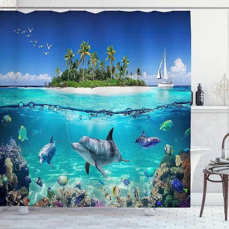 Rideau de douche motif dauphins, bleu marine, anti-moisissures, imprimé tropical, long, en polyester imperméable, 180 x 200 cm, taille M (1/5)