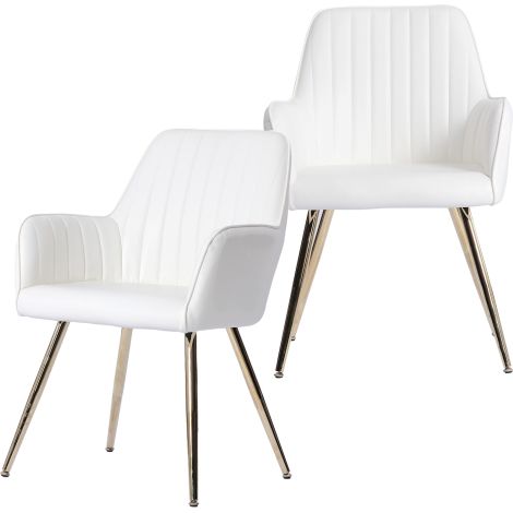 Lot de 2 chaises de salle à manger en similicuir avec accoudoirs et pieds en métal doré, beige (1/5)