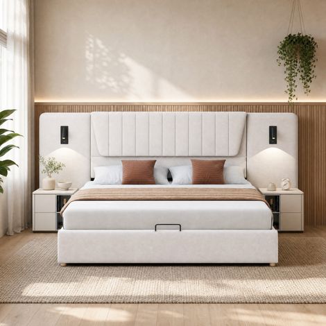 Cama doble 180x200 cm de terciopelo beige con almacenamiento, sin colchón FloraGrace (1/5)