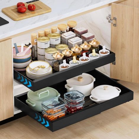 Lot de 2 tiroirs télescopiques pour armoires de cuisine, largeur réglable 32 cm à 52 cm, organiseur de placard de cuisine extensible avec fixation adhésive nano film (noir) (1/5)