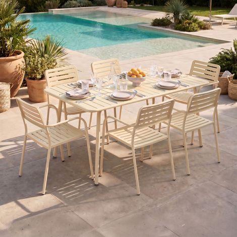 Table de jardin + 6 fauteuils empilables en métal crème - BACA (1/5)
