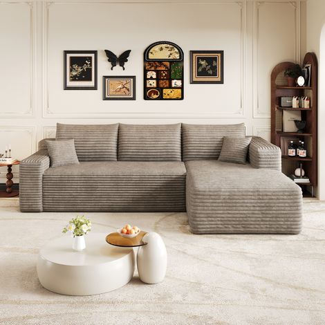 Canapé d’angle 3 places sans montage 241x151x58 cm, canapé nuage avec méridienne, assise profonde, velours côtelé, camel