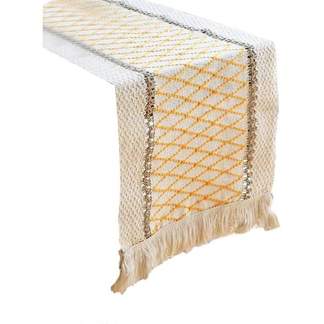 Nappe, chemin de table, patchwork de coton et lin, avec pompons, drapeau de table jaune pour décoration de mariage et de fête prénuptiale (1/5)