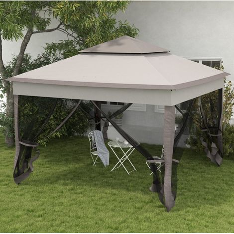 Gazebo pieghevole 325x325 cm con pareti in zanzariera, tetto ventilato, struttura in metallo, grigio chiaro (1/5)