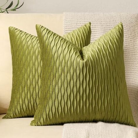 Taies d'oreiller vert mousse 22x22 : lot de 2, taies d'oreiller décoratives carrées en velours rayé original, adaptées aux canapés de style campagnard. (1/5)