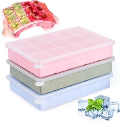 Vaschette per cubetti di ghiaccio in silicone con coperchio - Confezione da 3, cubetti di ghiaccio impilabili per whisky, cocktail e bevande, senza BPA, (rosa, blu, verde) (1/5)