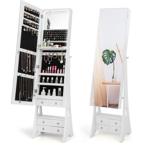 COSTWAY Armadio Portagioie con Specchio a Figura Intera, Armadietto per Gioielli da Terra con Specchio Interno, Luci LED, Mensola per Trucco Pieghevole e Inclinazione Regolabile, 41x36x159 cm (1/5)