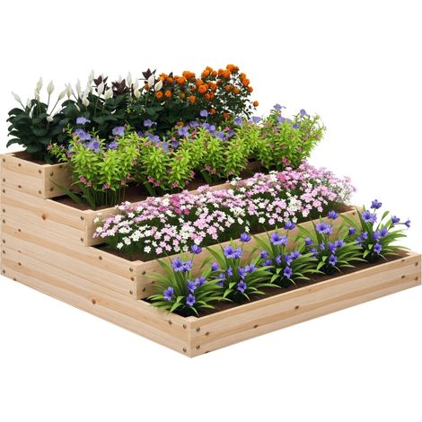Carré potager de jardin sans fond 4 étages pour herbes légumes fruits fleurs 113 x 113 x 46 cm bois naturel (1/4)