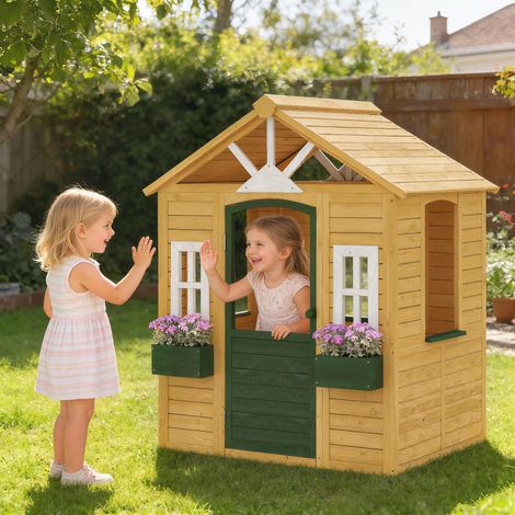 Cabane enfant extérieur en bois. maison enfant extérieure avec porte. fenêtres. 2 bacs à fleurs. 134.5x97x150cm. marron