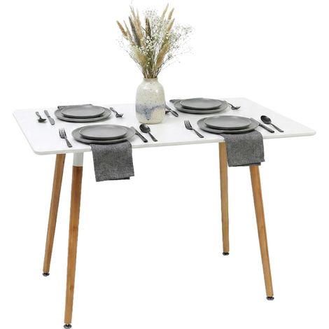 Relaxdays Esstisch, eckig, HxBxT: 75 x 110 x 70 cm, MDF & Bambus, 4 Personen, skandinavischer Esszimmertisch, weiß/natur