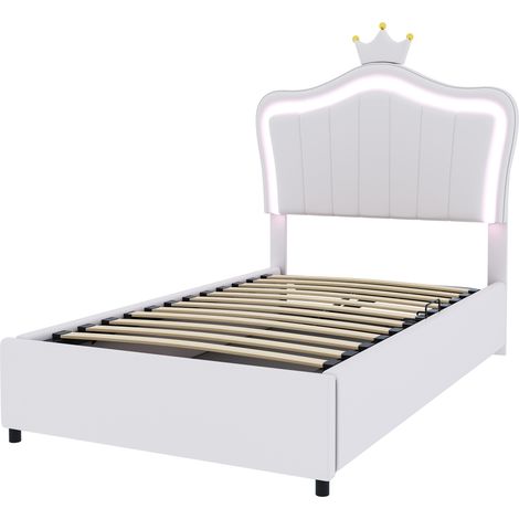 Letto imbottito bambini 90x200 cm con LED, contenitore idraulico e testiera regolabile, bianco (1/5)