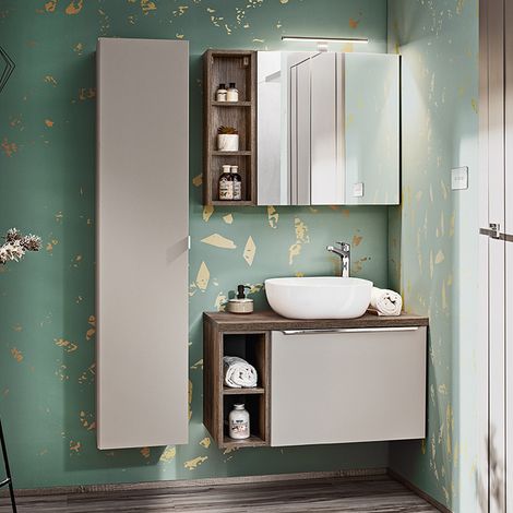 Set Waschtisch 80cm 2 Nischen Säule und Wandschrank Éros Taupe