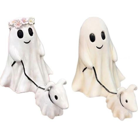 Lot de 2 statues de fantôme promenant son chien fantôme pour Halloween : Un fantôme promène son chien fantôme -- (1/5)