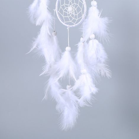 Carillon éolien attrape-rêves blanc style indien perles et pendentif plume décoration murale ou de fenêtre (1/5)