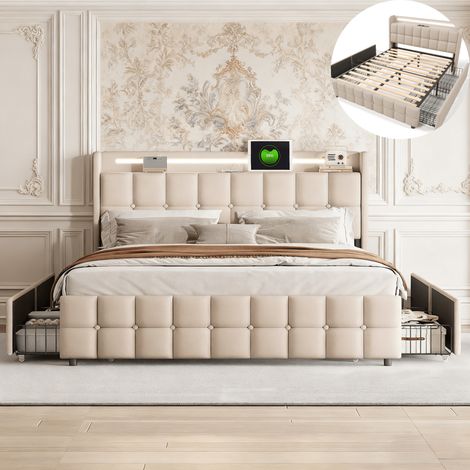 Lit 160x200 cm avec sommier, lit adulte avec 4 tiroirs de rangement, Tête de lit capitonné avec éclairage LED et ports USB, lit double, lit queen size, lin, beige (1/5)