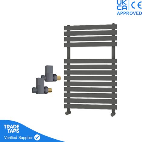 Designer Delta Anthracite Flat Panel Towel Radiator Heated Ladder Rail - 780 x 500mm - Straight Manual Square Valve Pair (1/3)