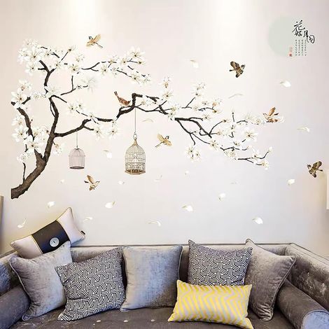 Sollbry Stickers muraux fleurs de cerisier pour chambre à coucher, fleurs blanches de style chinois, arbre noir et oiseaux volants, autocollants muraux pour salon, arbre généalogique, décoration mural (1/5)