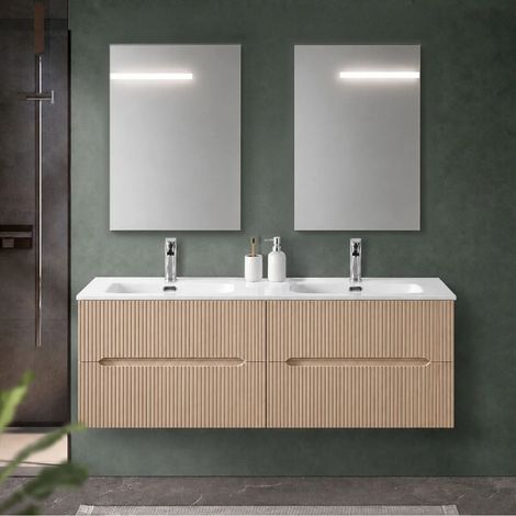 Mobile bagno sospeso 120 cm cannettato rovere chiaro due cassetti e doppia vasca Bali (1/5)