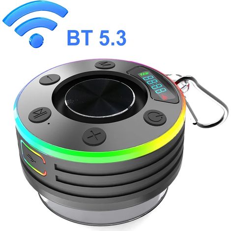 Enceinte Bluetooth sans fil (noire) avec caisson de basses, radio FM et enceinte de douche intégrée (1/5)