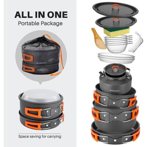 Ensemble de cuisine de camping léger : bouilloire, casseroles, poêles et assiettes – Ensemble complet pour les pique-niques en plein air (1/4)