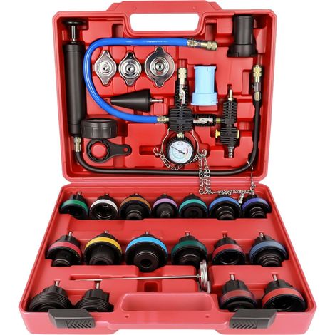 28PCS Radiator Coolant Pressure Test and Replacement Kit, Complete with Manual Pump, Metal Adapters, Color Coded Plugs and Tool Box, Red (1/5)