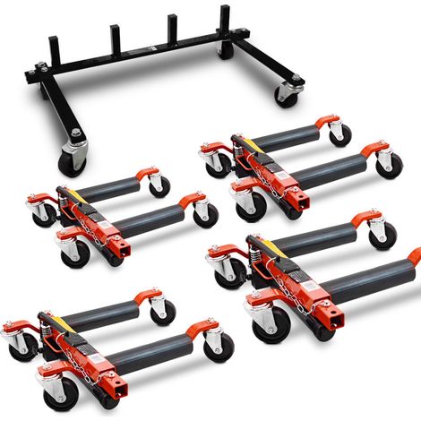 BITUXX 4 Stück PKW Rangierhilfe Rangierheber hydraulisch Wagenheber Auto Rangierroller Rangierheber belastbar bis 680 kg pro Rangierroller inklusive Transportständer (Rot) (1/5)