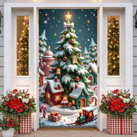 Nouveau rideau de porte de Noël, décoration de fond photo pour fête de Noël, fanion de porte - 90x180 (perforé + ruban) - ABS-4