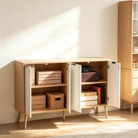 Aparador de 4 puertas blanco en tablero de partículas, 120 x 35 x 77,4 cm OKMYHOME (1/5)