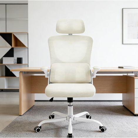 Sedia da ufficio ergonomica con schienale alto, mesh traspirante, funzione basculante, beige DESVIAE (1/4)