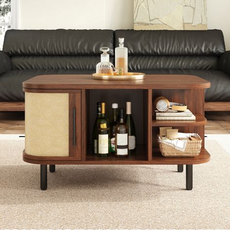 Table basse 80 x 60 x 46,5 cm avec rangement, MDF couleur noyer, poignées et pieds en métal OKMYHOME (1/5)