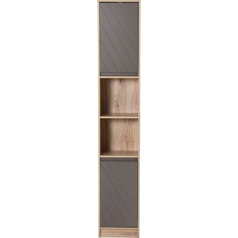 Armoire de salle de bain haute 30x24x170 cm, 2 portes, 2 étagères ouvertes, chêne et gris
