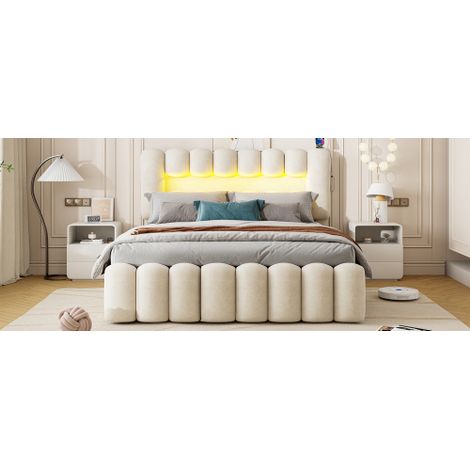 Polsterbett, Polsterbett mit 4 Schubladen, Polsterbet Bett mit LED-Lichtleiste mit USB und Stereoanlage