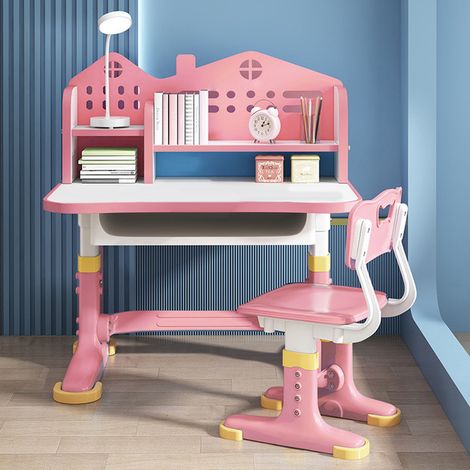 FLASIDU - Kinderschreibtisch - Inklusive Stuhl, höhenverstellbar von 65 bis 71 cm, große Schublade, 2 offene Regalfächer, rosa.