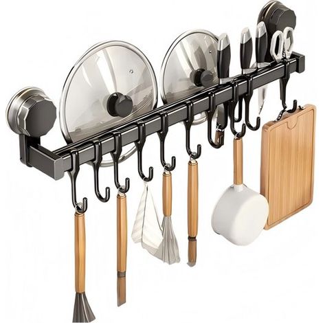 Étagère murale de cuisine avec crochets, support d'ustensiles multifonctionnel sans perçage avec ventouse, barre de rangement pour cuisine, noir (1/5)