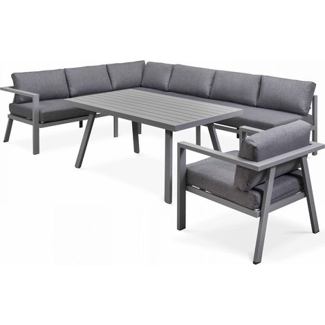 Oviala – Salon de jardin 8 places en aluminium – Table 150x84.5cm – Canapé d'angle et fauteuils – Confort mousse 10cm – Montage rapide (1/5)
