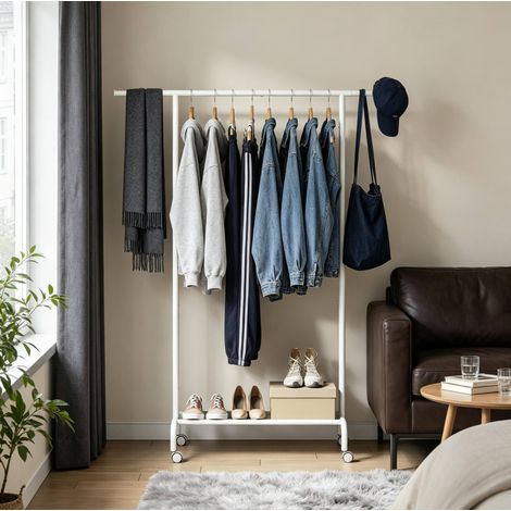 MEUBLIV Porte-vêtements à roulettes blanc – barre extensible et étagère, 1 colis (1/4)