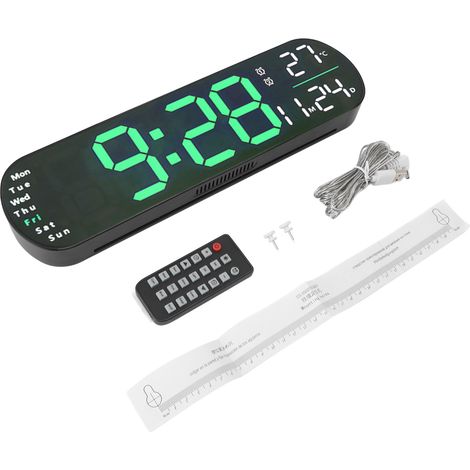 Horloge Murale LED Numérique Télécommande Grand Écran 35cm Vert Alarmes Lumière Ambiante 8 Couleurs Affichage Température Date (1/5)