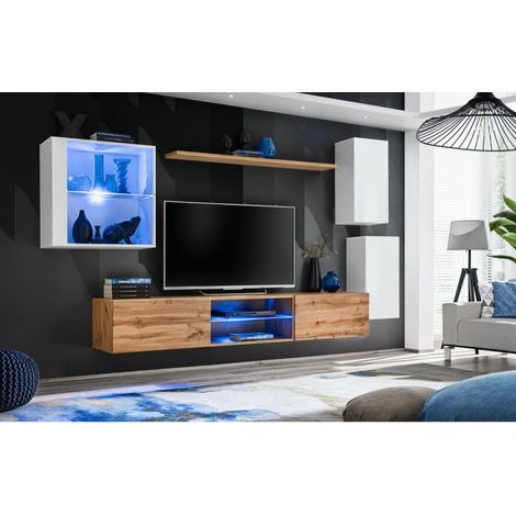 Ensemble meuble TV mural Switch XXIII - L 250 x P 40 x H 140 cm - Marron et blanc - Livraison gratuite