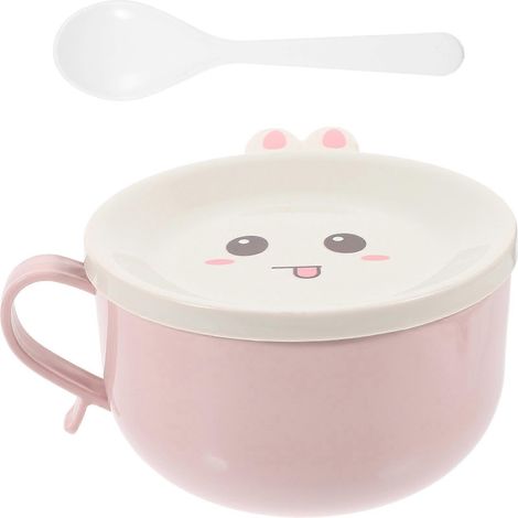 Bol à nouilles instantanées double couche en acier inoxydable avec couvercle et cuillère, boîte à lunch isotherme à motif dessin animé (rose)-13.50X13.50X9.50CM (1/4)